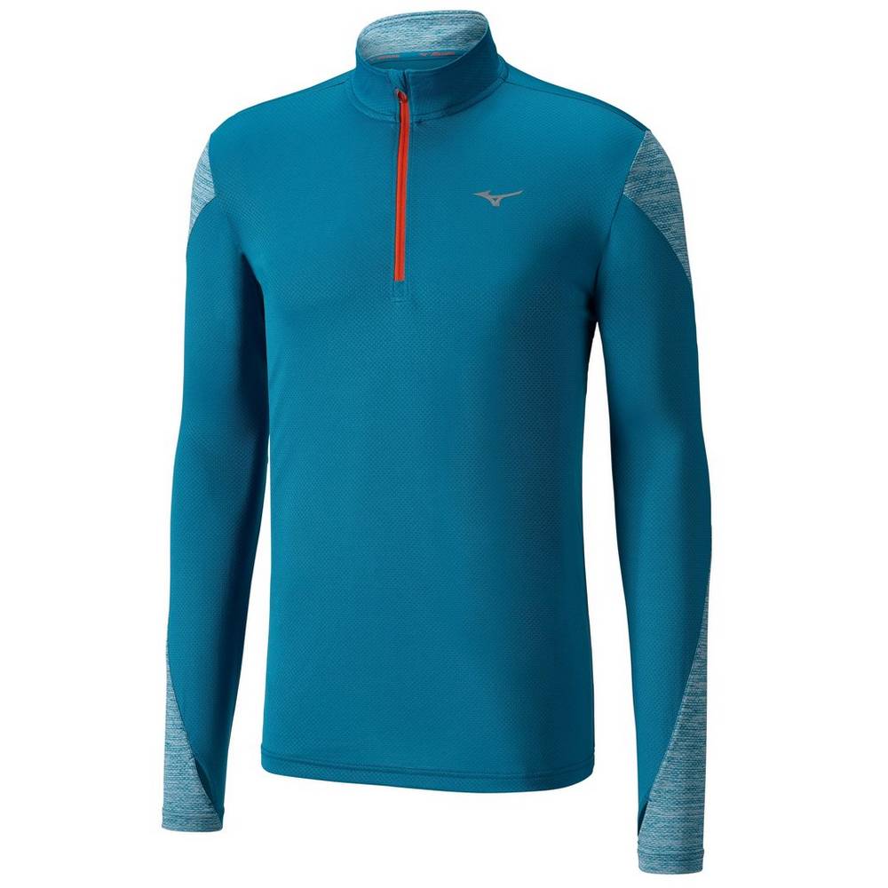 Blusa Mizuno Running ALPHA LONG SLEEVE HALF ZIP 2.0 - Homem - Azuis - SQMBE2594